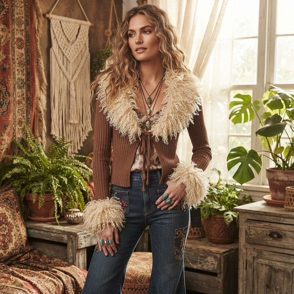 Haute Hippie Faux Fur Trim Ribbed Cardigan sz L Brown Penny Lane Boho 70s Anthro